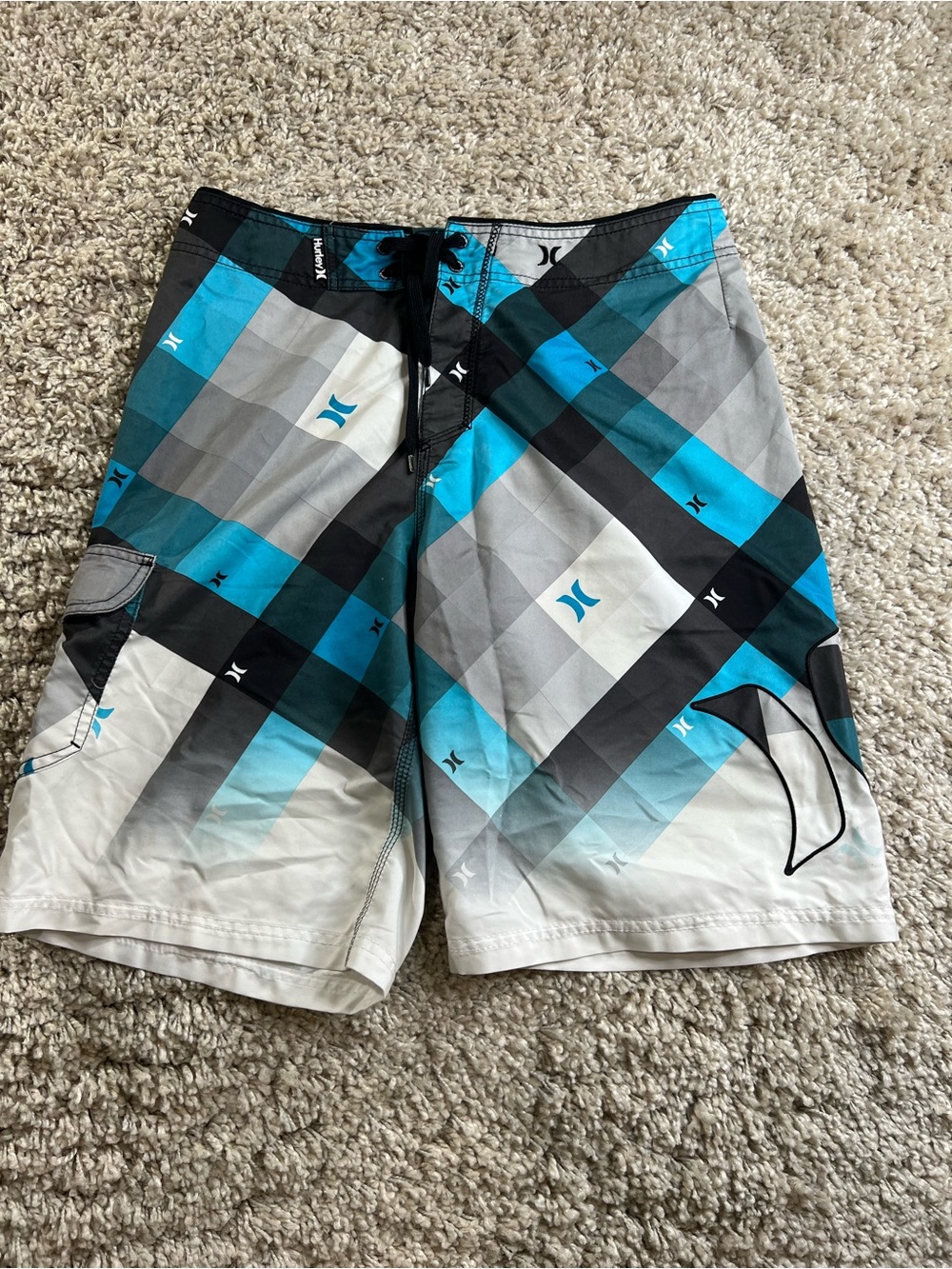 Hurley Men’s Teal Black and Gray Plaid Boardshorts